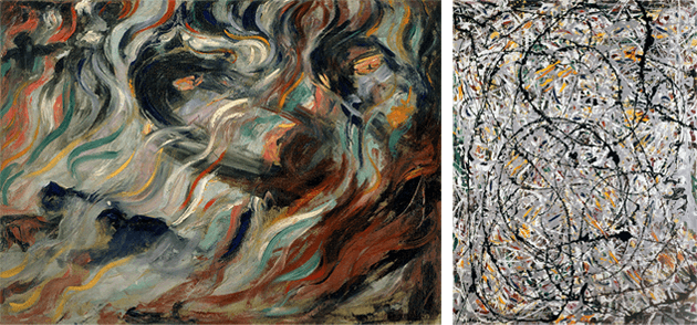 [left] Umberto Boccioni, States of Mind: The Goodbyes (Stati d’animo, gli addii), 1911. Museo del Novecento, Milan. Image: © Alinari Archives / Mauro Magliani / Art Resource, NY [right] Jackson Pollock, Watery Paths, 1947. Galleria nazionale d’Arte Moderna, Rome. Image: White Images/ Scala/ Art Resource, NY, Artwork: © 2022 Pollock-Krasner Foundation / Artists Rights Society (ARS), New York